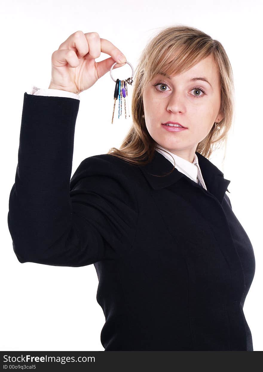 Happy blond woman in black suit with keys. Happy blond woman in black suit with keys