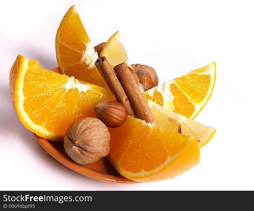 Juicy oranges, cinnamon, walnut and lemon. Juicy oranges, cinnamon, walnut and lemon