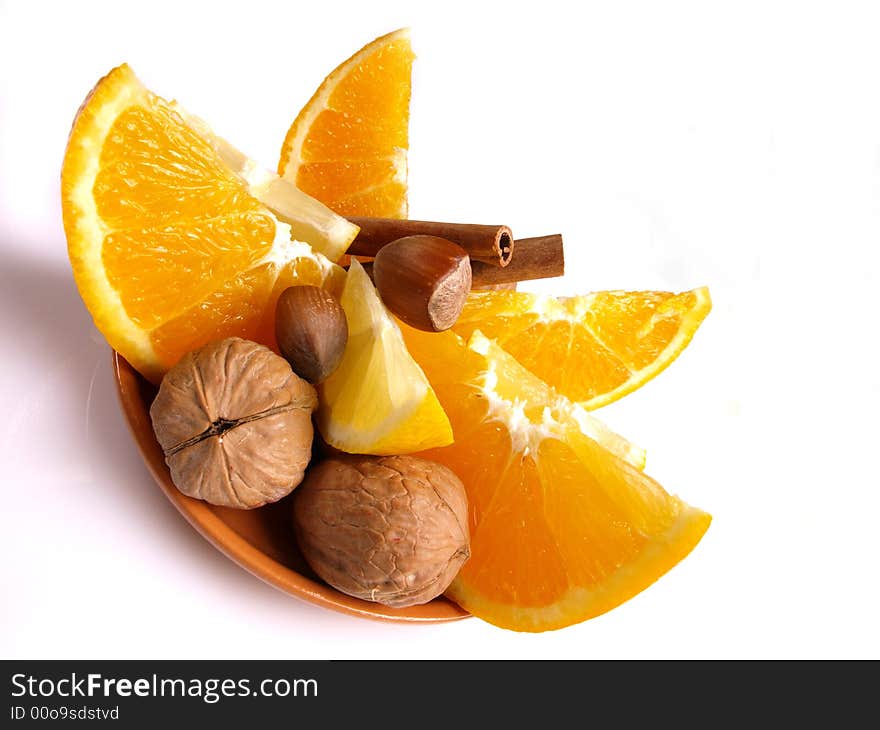 Juicy oranges, cinnamon, walnut and lemon. Juicy oranges, cinnamon, walnut and lemon