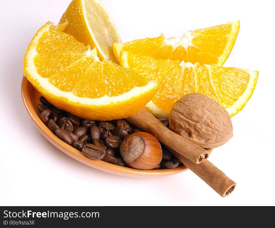 Juicy oranges, cinnamon, walnut and lemon. Juicy oranges, cinnamon, walnut and lemon