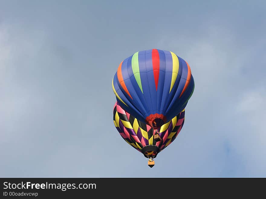 Two hot air balloons flying close together