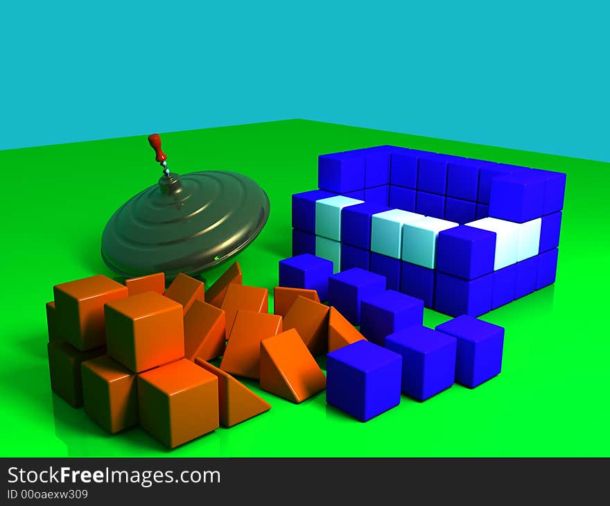 Whirligig on a green Background with bricks 3D model. Whirligig on a green Background with bricks 3D model