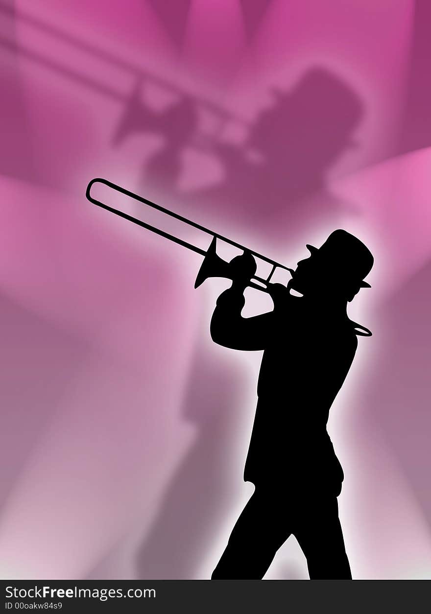 Trumpet player silhouette in the pink lights. Trumpet player silhouette in the pink lights