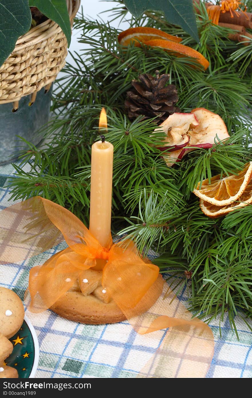 Candlestick, candle with ribbon, advent wreath. Candlestick, candle with ribbon, advent wreath