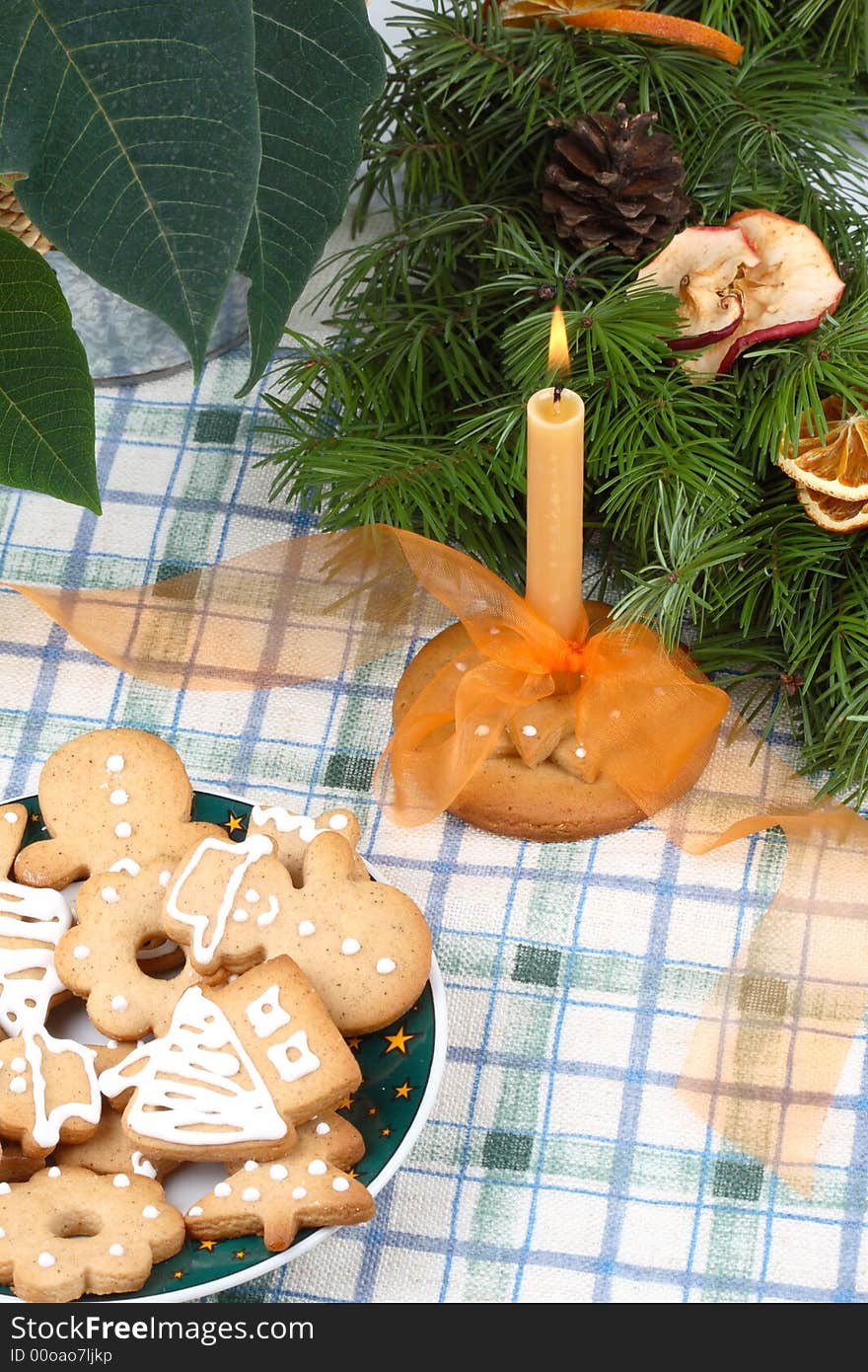 Advent wreath, gingerbread cookies, candlestick and candle. Advent wreath, gingerbread cookies, candlestick and candle