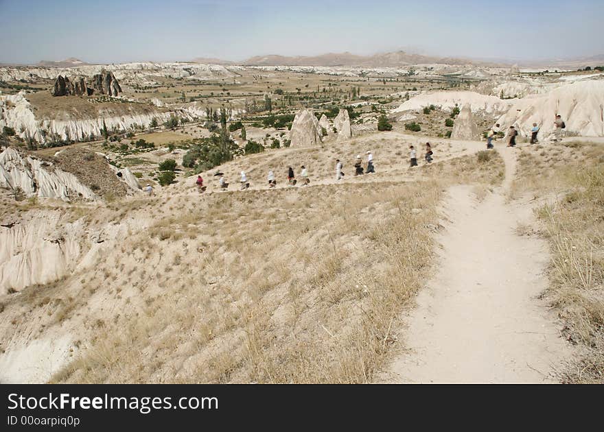 Image of a tour group hiking in cappadocia -Turkey