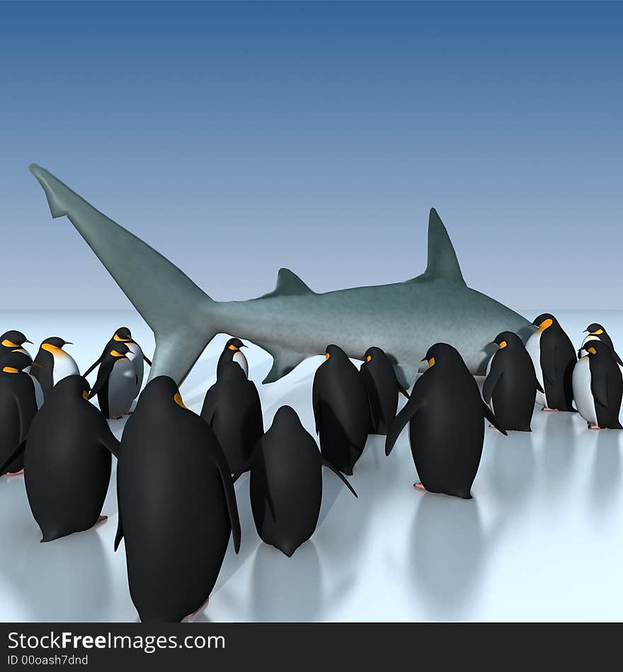 Great number of penguins round the frozen shark. Great number of penguins round the frozen shark