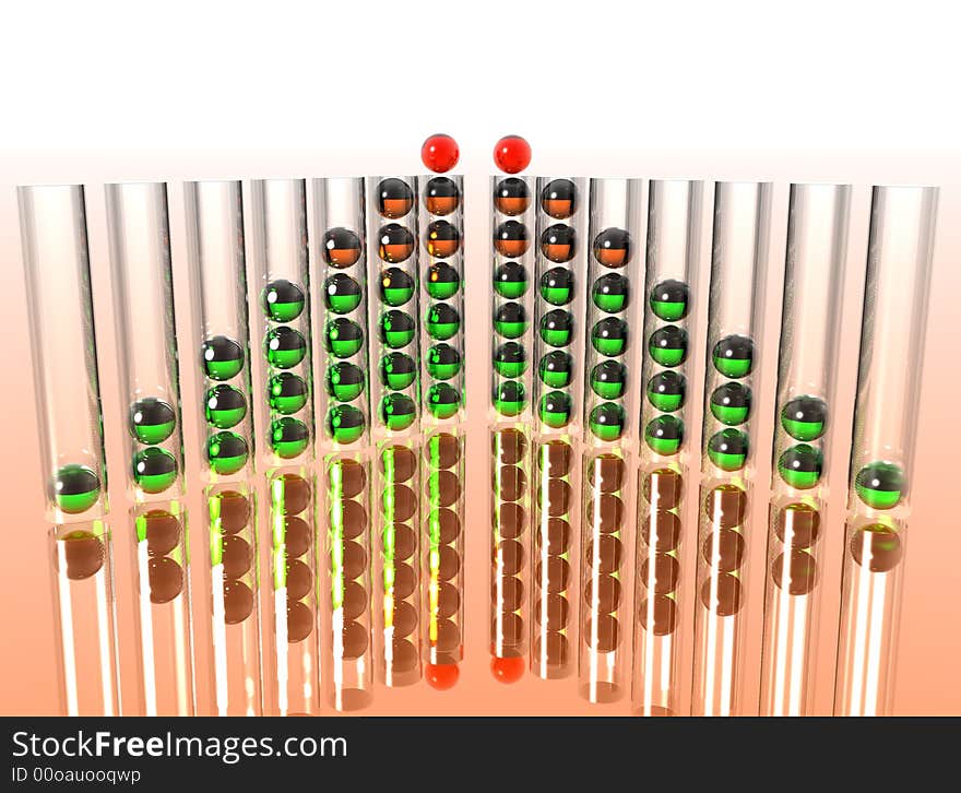 Glass transparent tubes with multi-coloured spheres going to a distance. Glass transparent tubes with multi-coloured spheres going to a distance