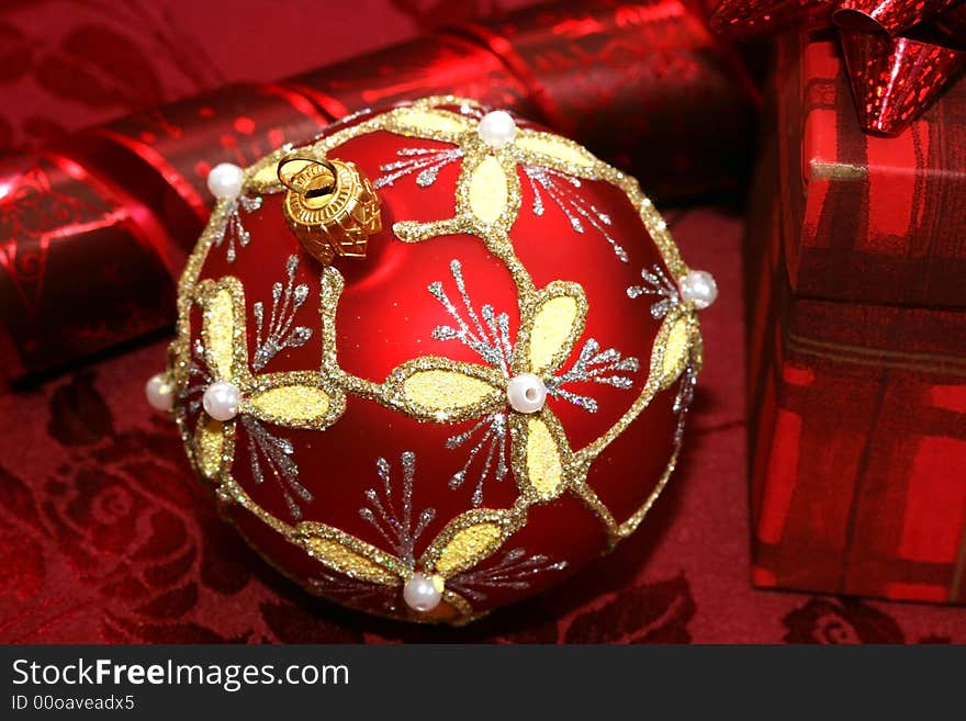 Red Christmas ball and gift box