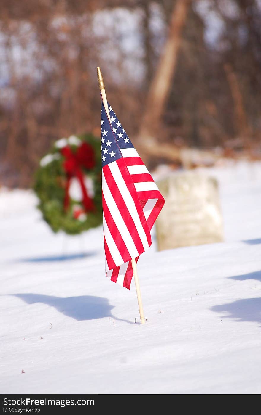 A grave marked by a USA flag. A grave marked by a USA flag