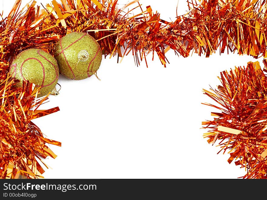 Two Christmas Baubles With Bright Orange Tinsel