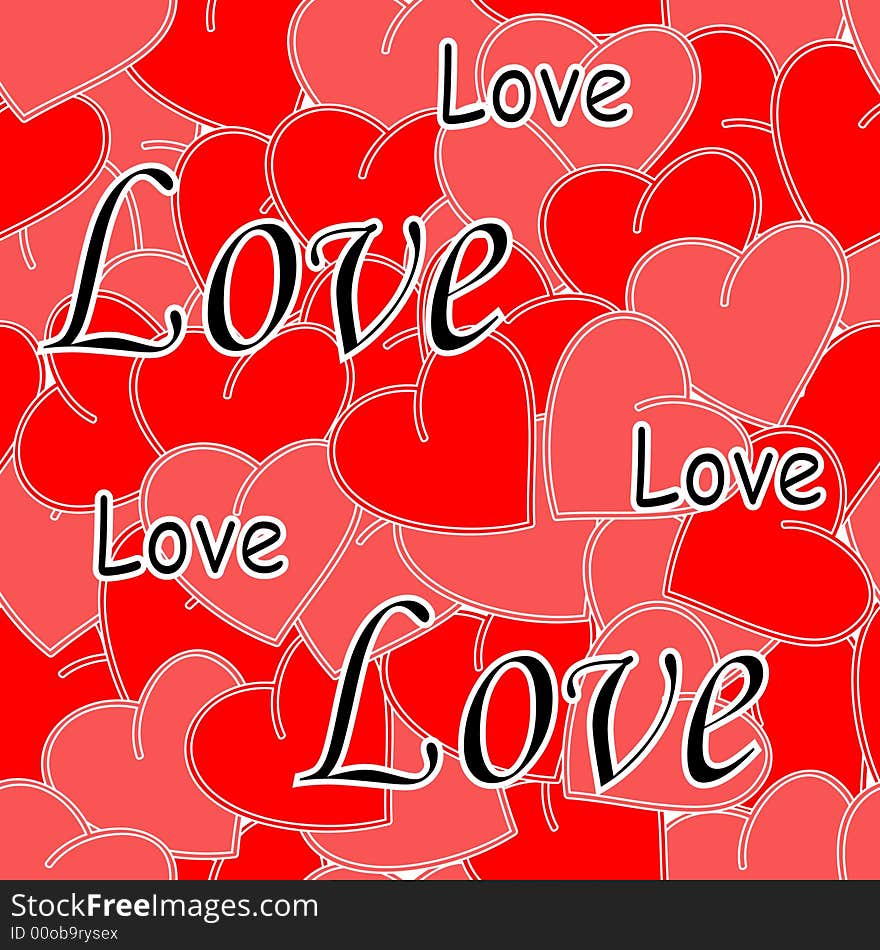 Seamlessly vector wallpaper valentine with hearts and superscription love. Seamlessly vector wallpaper valentine with hearts and superscription love