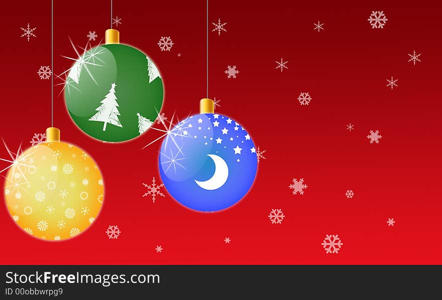 A computer drawing of three Christmas Baubles/ decorations  on a red background with snow. A computer drawing of three Christmas Baubles/ decorations  on a red background with snow