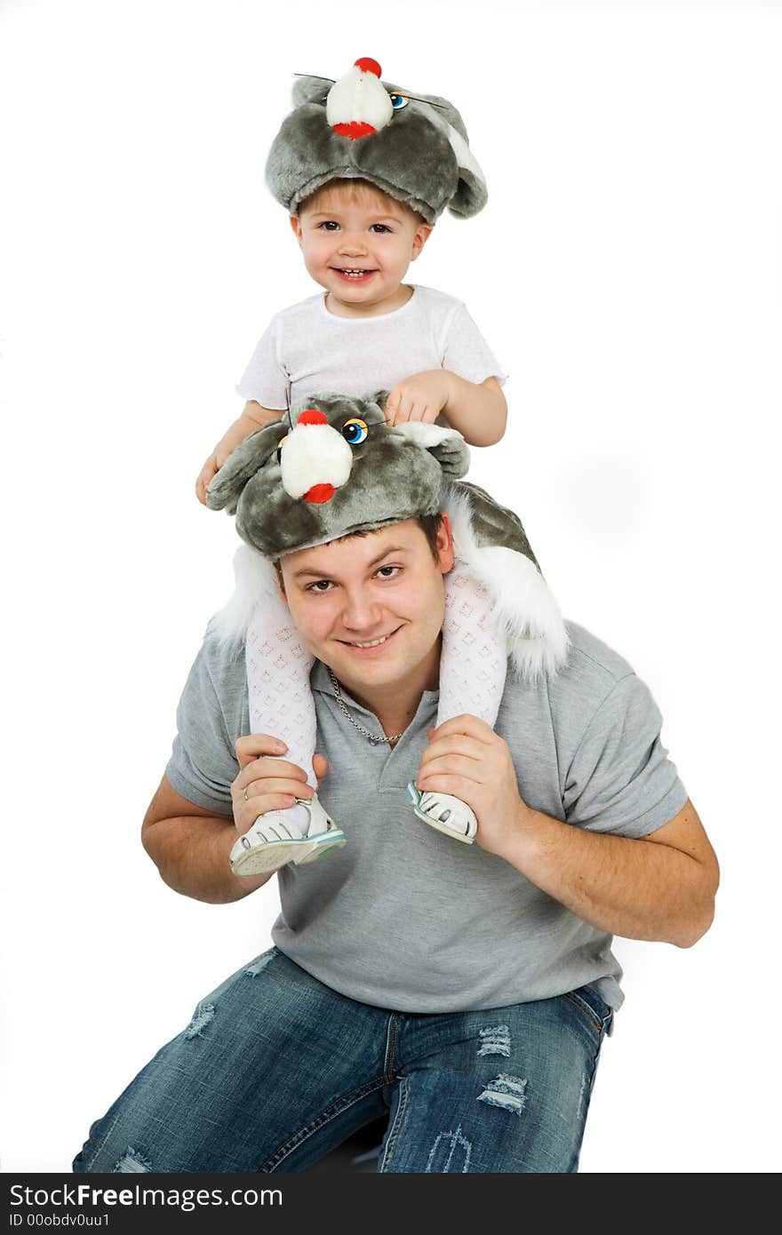 Little girl sitting on dad's shoulders. Little girl sitting on dad's shoulders