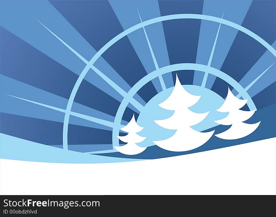 Three stylized fur-trees and blue beams on a background of the winter sky. Three stylized fur-trees and blue beams on a background of the winter sky.