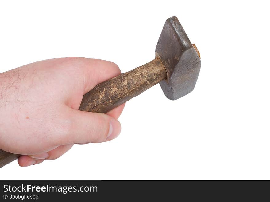 Hand of man holding hammer isolated on white