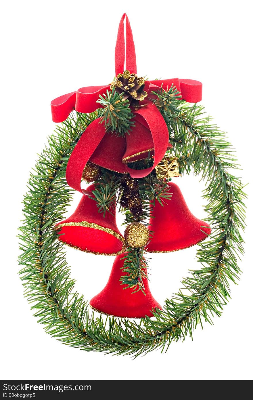 A Christmas wreath with red bells and red bow isolated on white background.