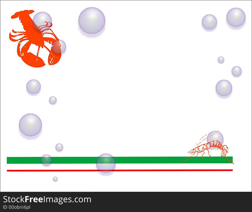 Colored illustration with shrimp and lobster on white background with blue bubbles