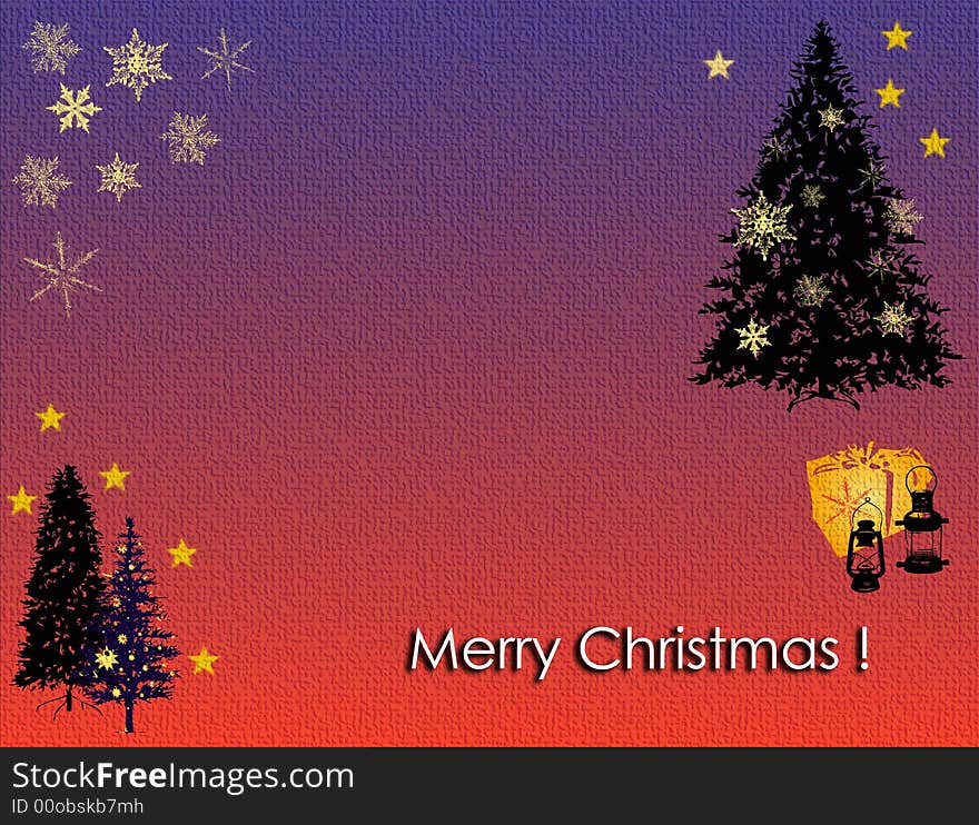 Abstract colored Christmas card with stars, snowflakes, Christmas tree, yellow box and antique lamps