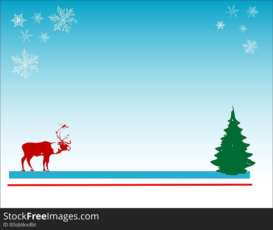 Abstract blue illustration with reindeer, christmas tree and white snowflakes. Abstract blue illustration with reindeer, christmas tree and white snowflakes