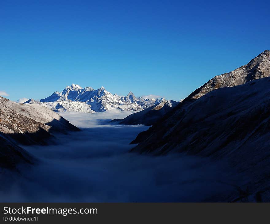 View the jokul with a foggy valley in the middle. The jokul is a very famous view which is called the oriental Alps.