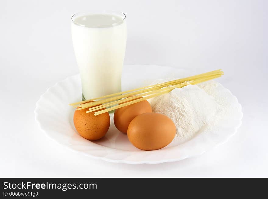 Eggs,milk,spaghetti and flour