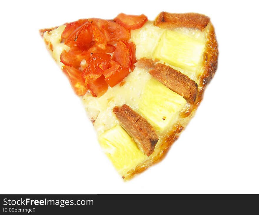 Isolated freshly baked pizza slice with tomato, ham and pineapple (close-up)