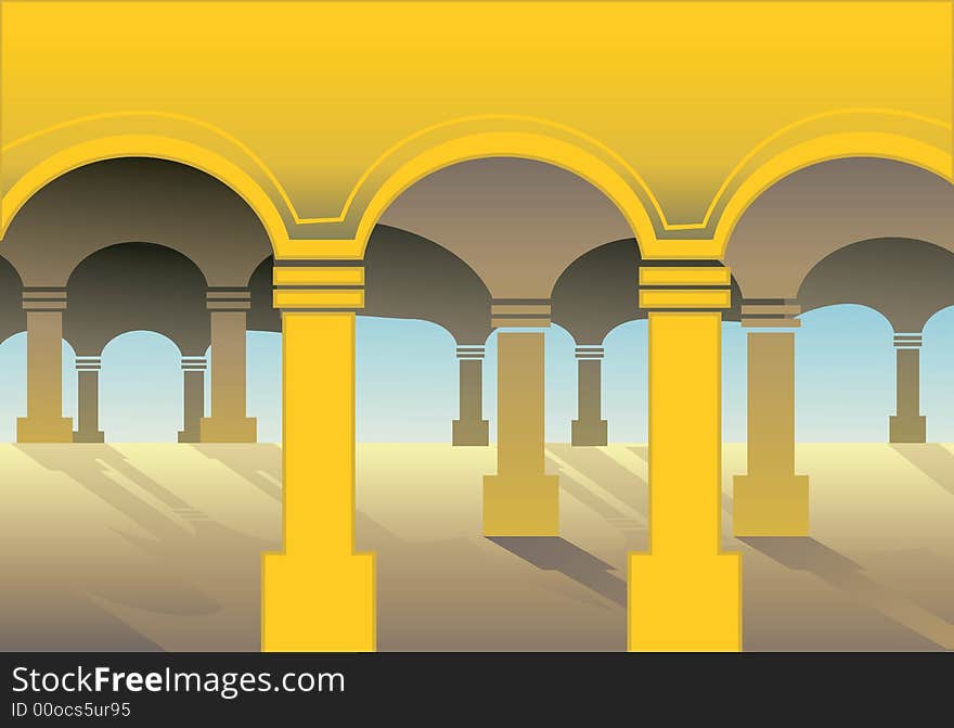 Illustration of U- Shaped pillars in radiant yellow light.