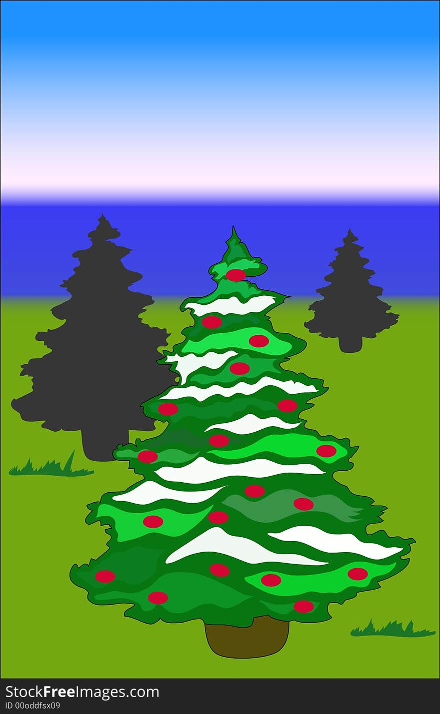 Three christmas trees on a green field with water on the background