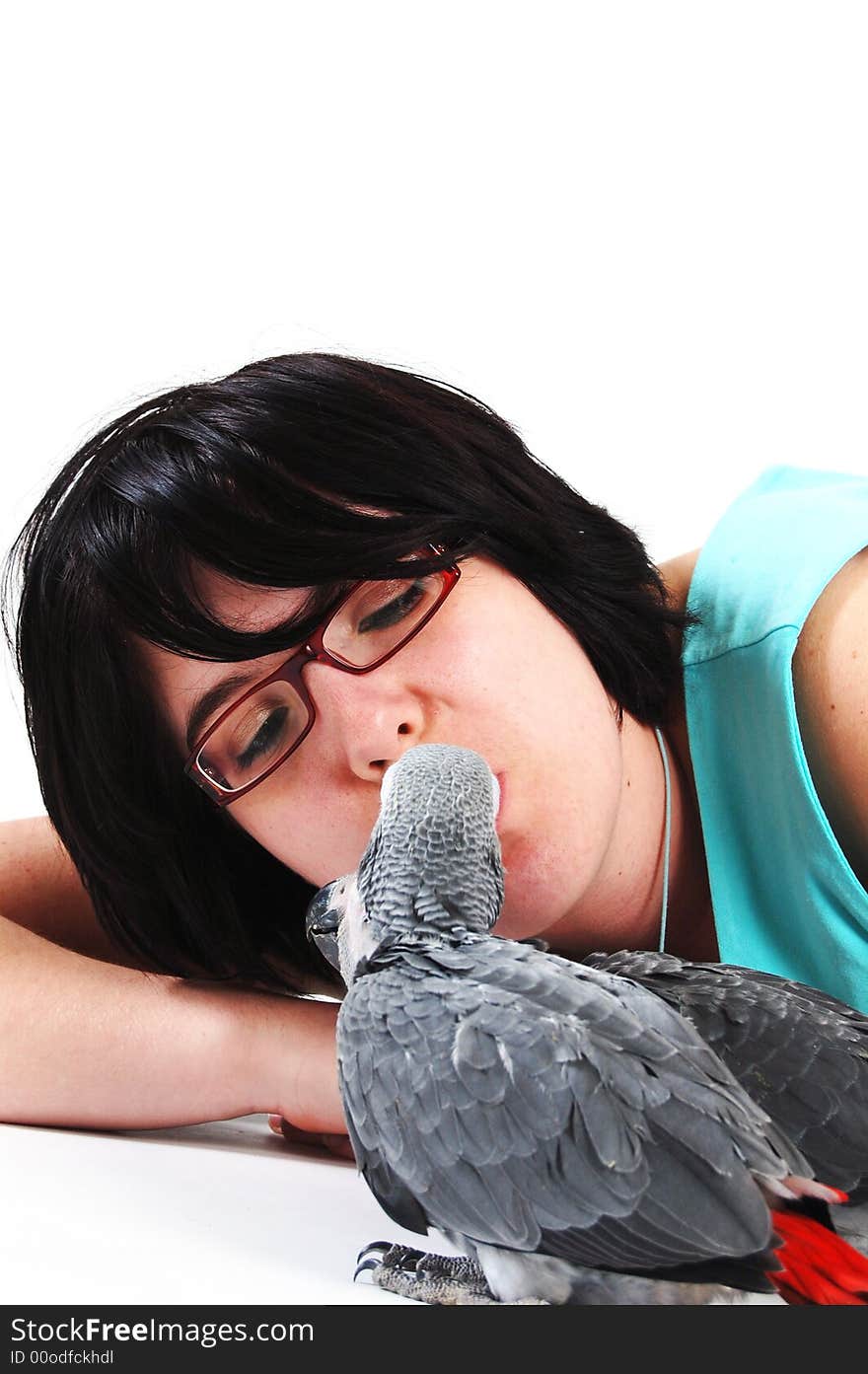 Red tale parrot on white kissing with female