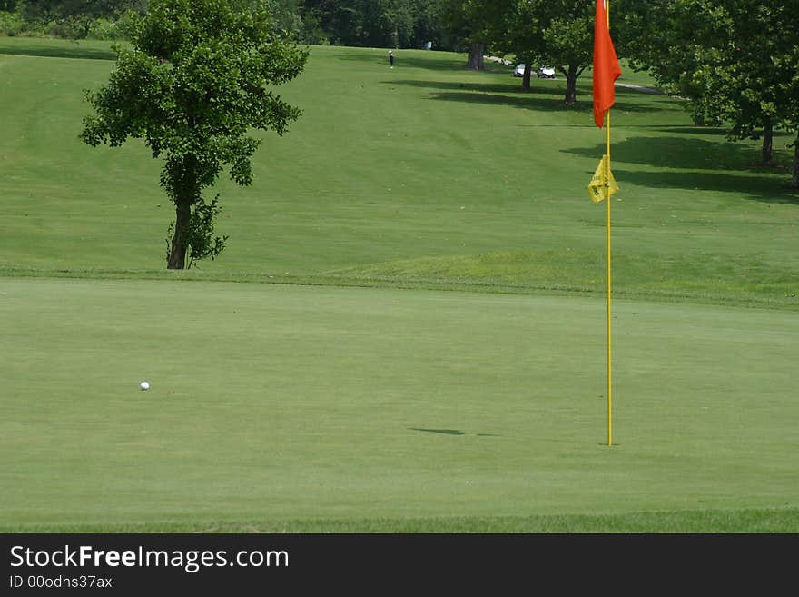 Ball on green with flag. Ball on green with flag