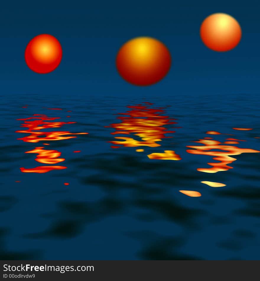 Abstraction. Three flying spheres above a liquid surface. Abstraction. Three flying spheres above a liquid surface.