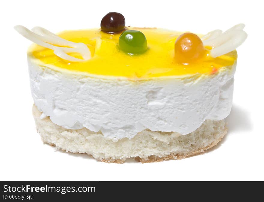 Closeup of single cheesecake isolated on white background.