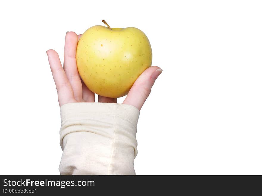 Hand holding an isolated apple on white close up. Hand holding an isolated apple on white close up.