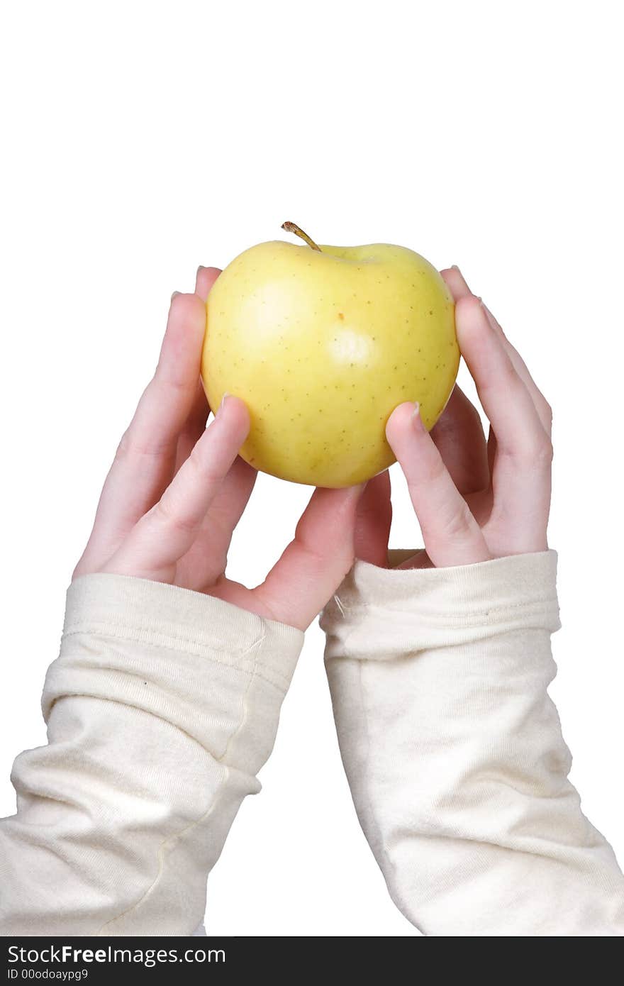 Holding up apple with two hands on isolated background.