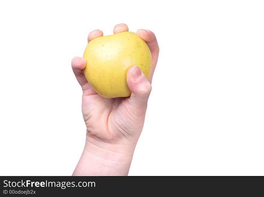 Hand clenching an isolated apple on white close up. Hand clenching an isolated apple on white close up.