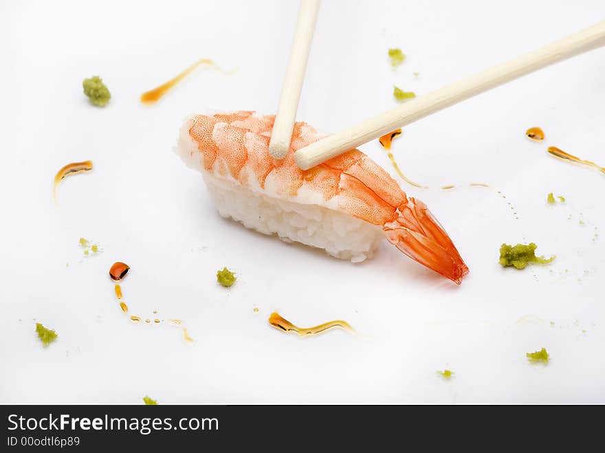 Close up of a shrimp nigiri in a elegant composition