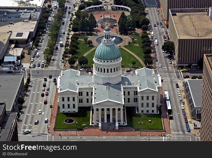 Aerial view of town square.