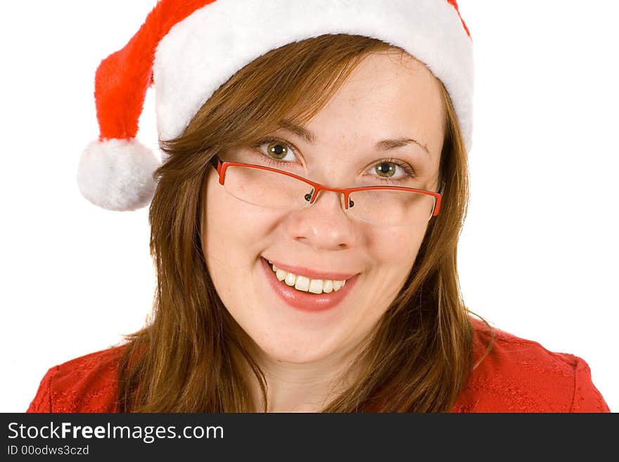 Young cheerful girl with santa hat and red glasses. Young cheerful girl with santa hat and red glasses