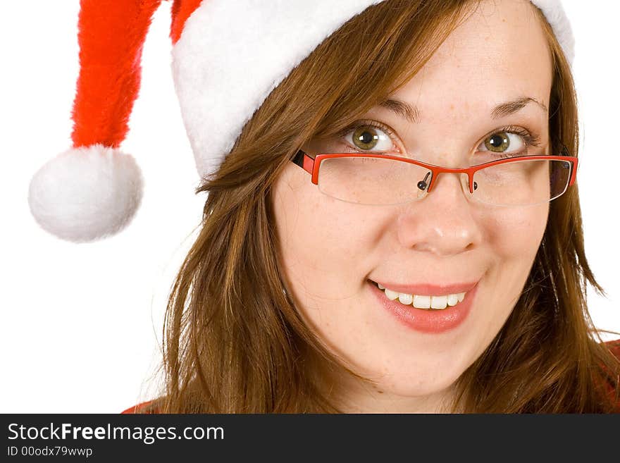 Young cheerful girl with santa hat and red glasses. Young cheerful girl with santa hat and red glasses