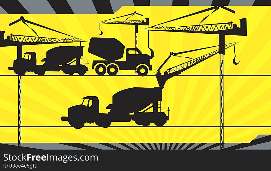 Illustration of  earth movers using in construction site in radiant beam yellow light