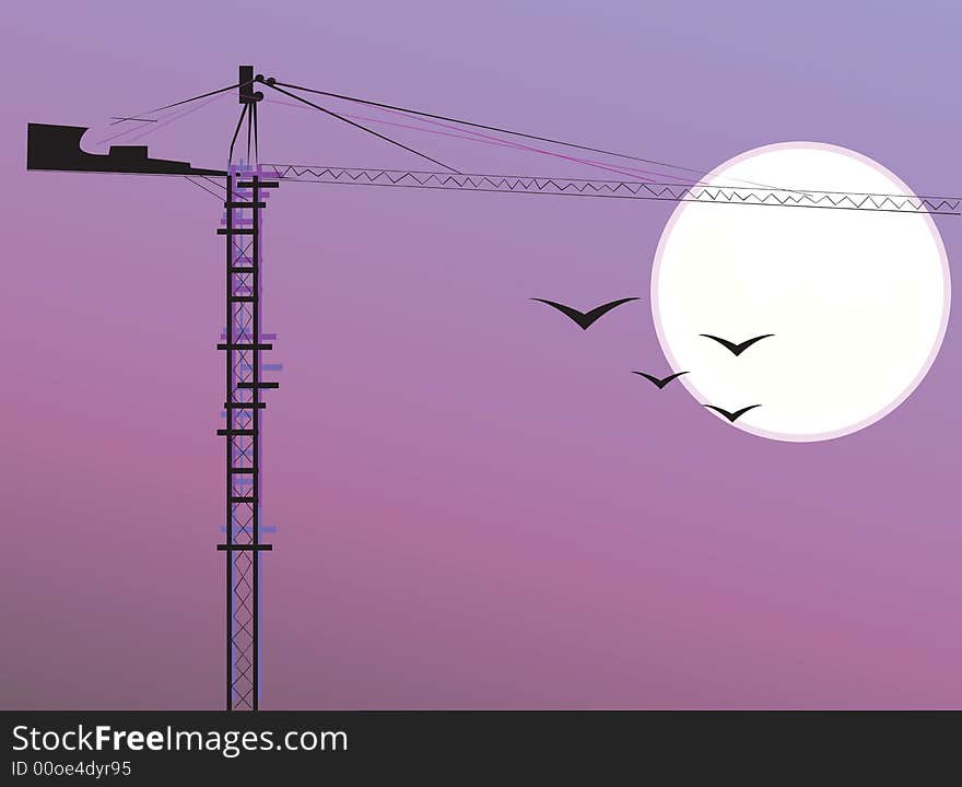 Illustration of a construction crane under moonlight