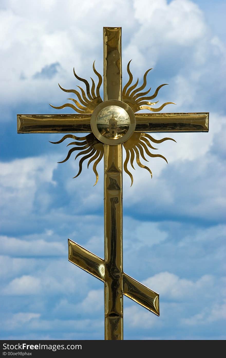 Cross at the dome of a church at St. Nil Monastery on Seliger Lake, Russia