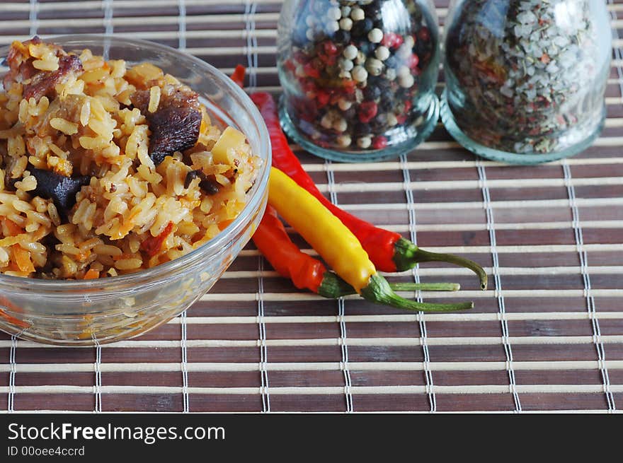 Still life: pilau and can of spicery