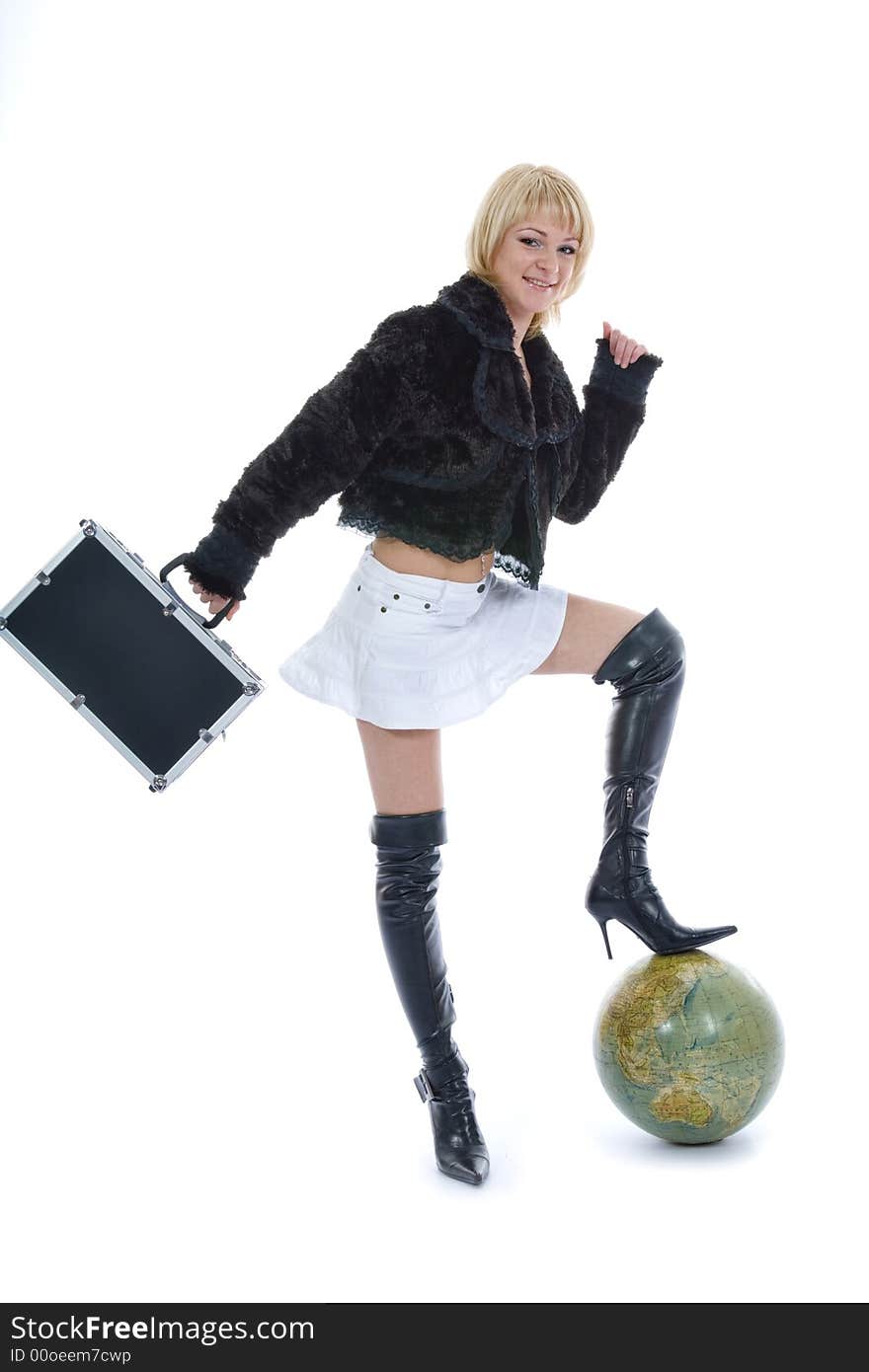 Beautiful blonde with valise and globe