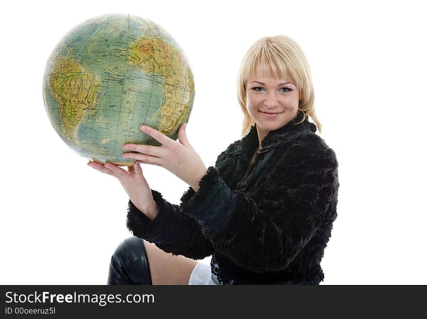 Beautiful blonde with valise and globe