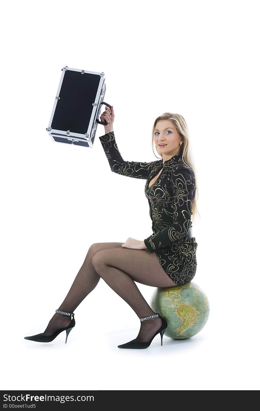 Beautiful blonde with valise and globe