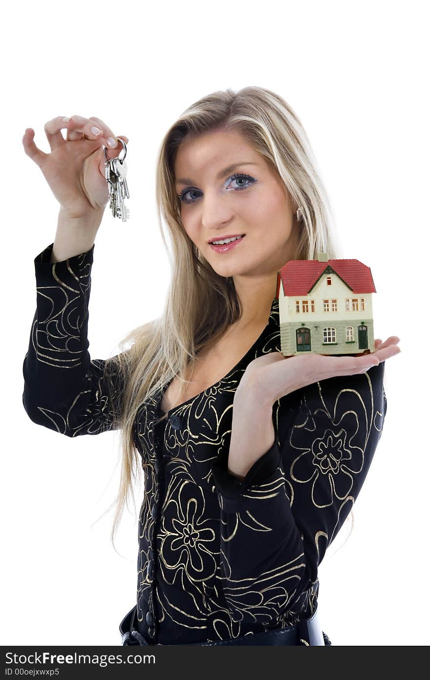 Business woman advertises real estate on isolated background