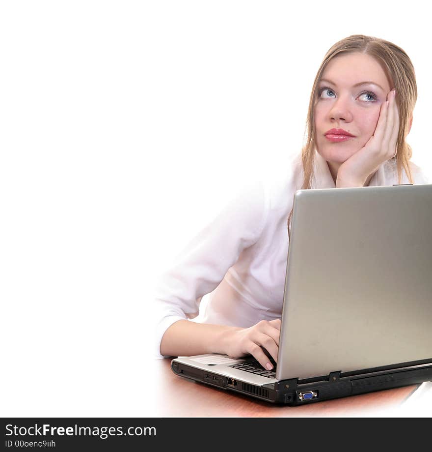 The dynamical beautiful girl with notebook on a white background. The dynamical beautiful girl with notebook on a white background