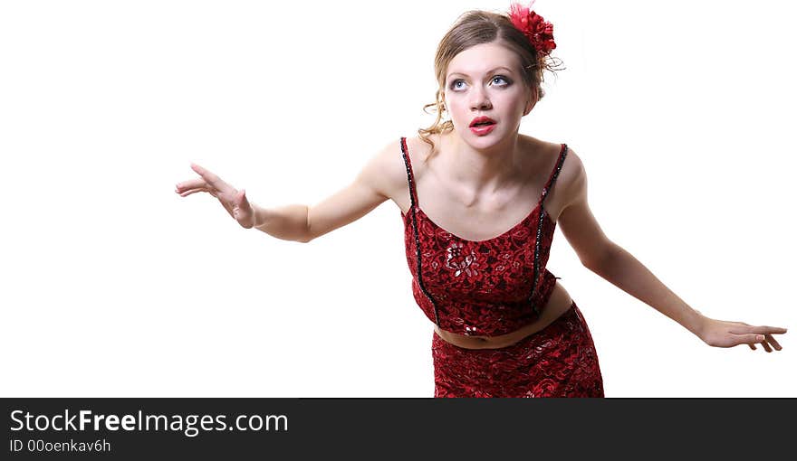 The beautiful girl in a red dress on white